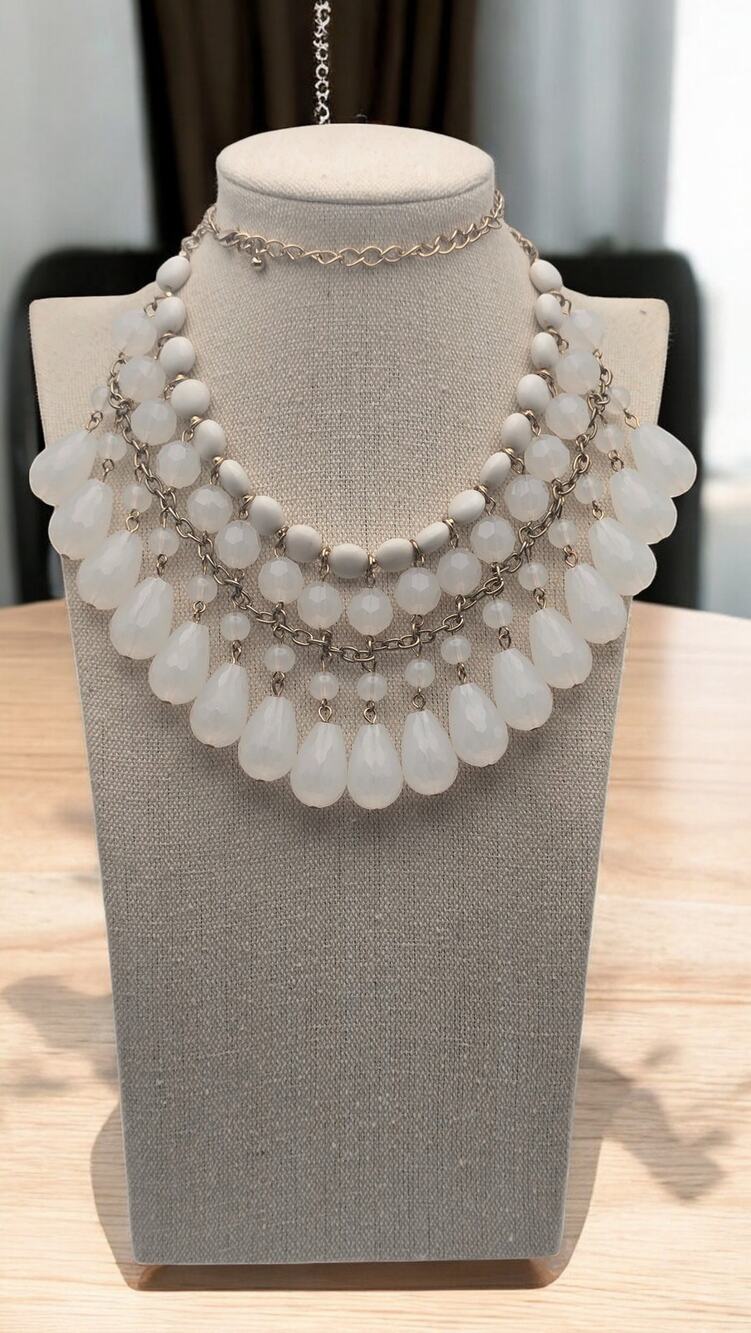 White Cascading Teardrop Necklace Soft Glam Old Hollywood Romance